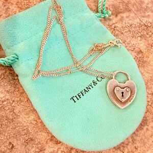Vintage Tiffany & Co. Silver Heart Padlock Necklace with Blue Pouch